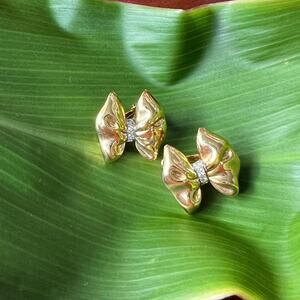 Vintage Nina Ricci Clip On Bow Earrings Gold Tone Swarovski Crystals